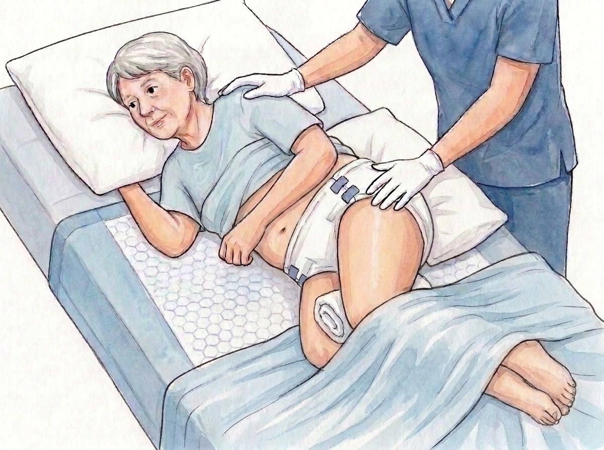3. Susuktas rankšluostis tarp kelių, pagalvė už nugaros