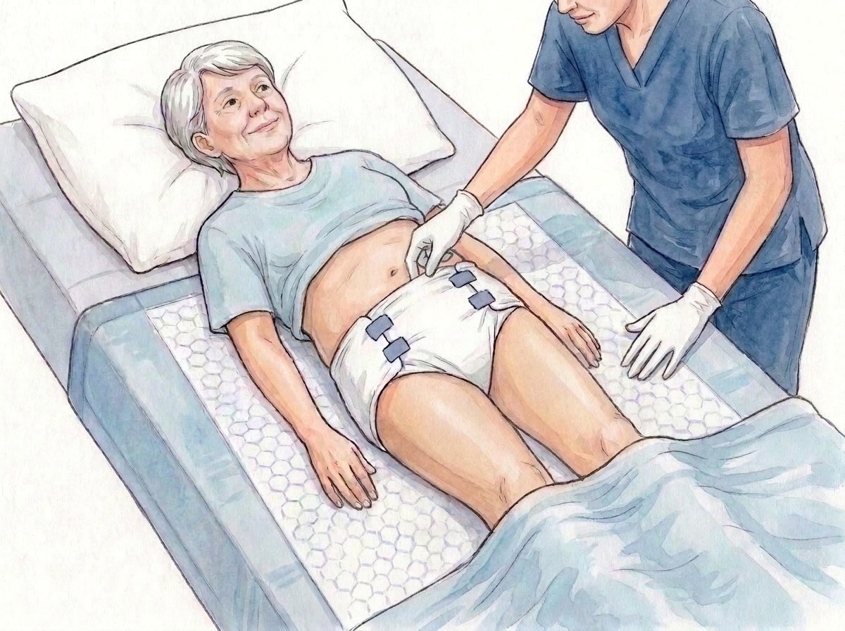 11. Centruokite, sureguliuokite, palikite dviejų pirštų tarpą ties juosmeniu, apžiūrėkite odą